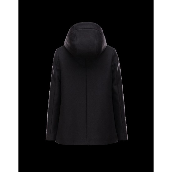 Moncler ARBU Fixed Hood Turtleneck Black Overcoats Wool Flannel Womens 41466662HV