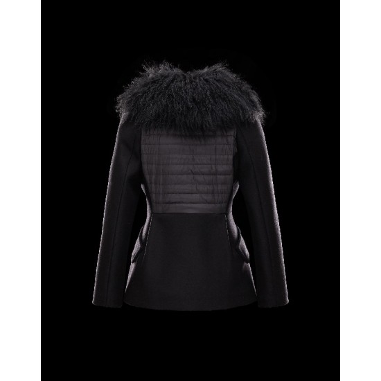 Moncler BOUVIER Classic Neckline Fur Collar Black Jackets Wool Flannel/Mongolian Fur/Feather Womens 41473300FI