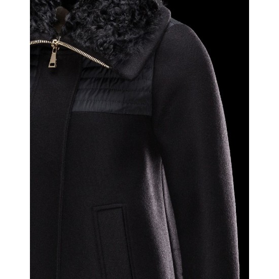 Moncler ERIDAN Turtleneck Fur Collar Black Jackets Wool/Nylon/Feather/Lambskin Womens 41473403IJ