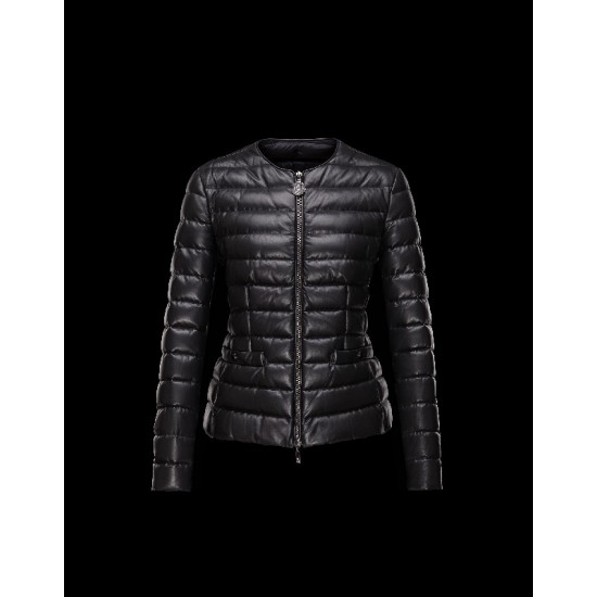 Moncler HORRE Detachable Round Collar Black Jackets Leather Womens 41472470DC