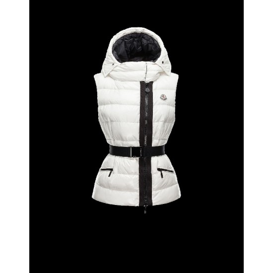 Moncler RUE Detachable Turtleneck Fur-Trimmed Hood Ivory Waistcoats Nylon/Racoon Womens 41456784LV