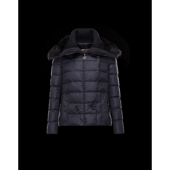 Moncler Detachable Wide Neckline Dark blue Jackets Flannel Wool/Polyamide Womens 41475664KO