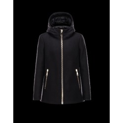 Moncler ARBU Fixed Hood Turtleneck Black Overcoats Wool Flannel Womens 41466662HV