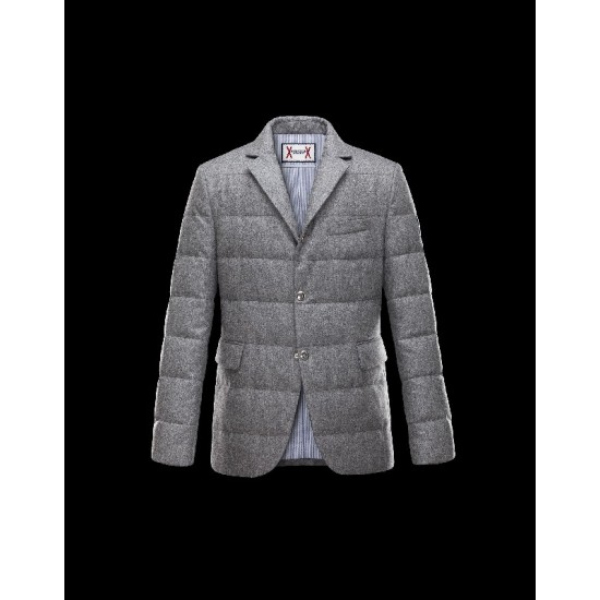 Moncler GAMME BLEU Lapel Collar Lightweight Grey Overcoats Wool/Cotton Mens 41459915LQ