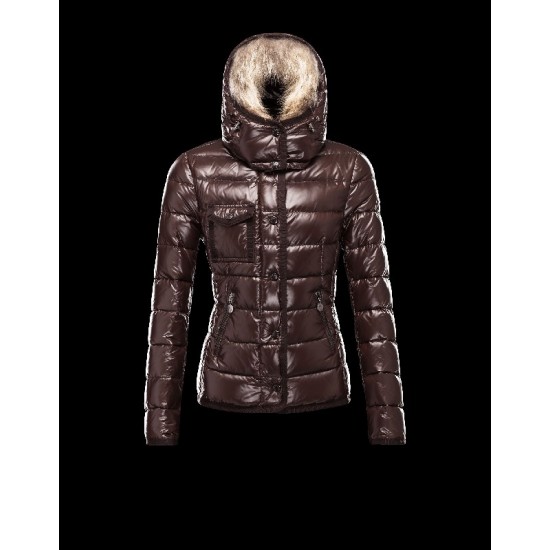 Moncler Armoise Detachable Fur Trimmed Dark brown Jackets Lacquered Nylon Womens 41224515QP