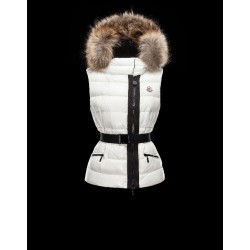 Moncler RUE Detachable Turtleneck Fur-Trimmed Hood Ivory Waistcoats Nylon/Racoon Womens 41456784LV