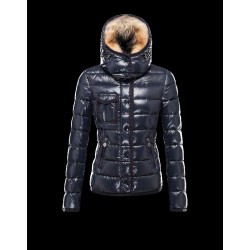 Moncler Armoise Detachable Fur Trimmed Blue Jackets Lacquered Nylon Womens 41224515ML