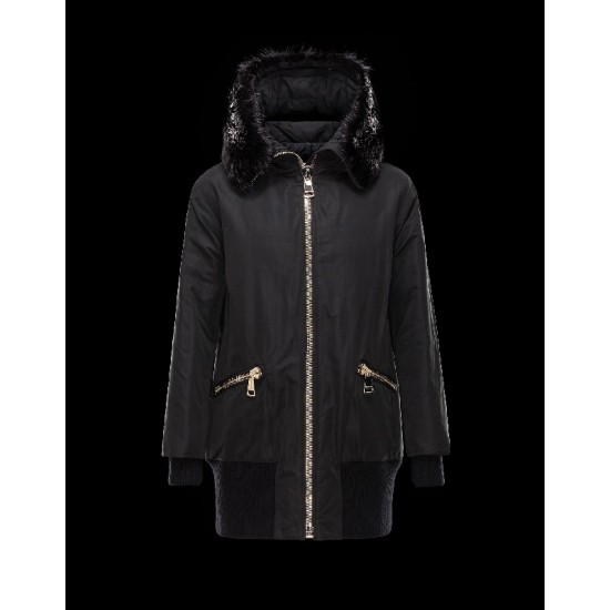 Moncler BASSIAS Detachable Turtleneck Fur Collar Black Coats Polyester/Beaver Womens 41466460TP