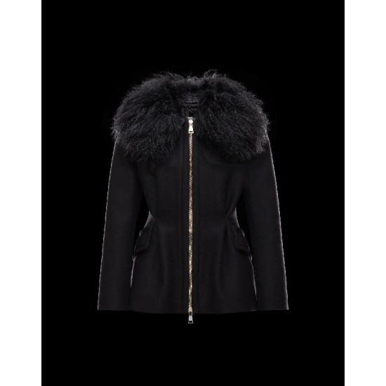 Moncler BOUVIER Classic Neckline Fur Collar Black Jackets Wool Flannel/Mongolian Fur/Feather Womens 41473300FI