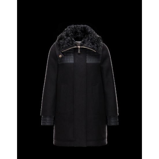 Moncler ERIDAN Turtleneck Fur Collar Black Jackets Wool/Nylon/Feather/Lambskin Womens 41473403IJ