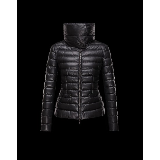 Moncler HORRE Detachable Round Collar Black Jackets Leather Womens 41472470DC