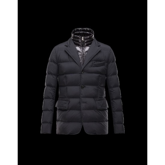 Moncler ROUILLAC Detachable Lapel Collar Black Overcoats Elastane/Nylon Mens 41377883HS