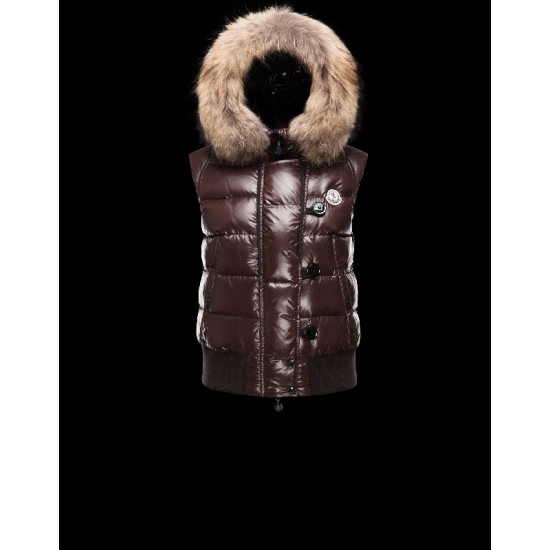 Moncler Tarn Hooded Neckline Dark brown Waistcoats Techno Fabric/Racoon Womens 41249886SH